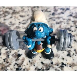 Vintage‎ Super Smurf Weightlifter Barbell Figure Peyo Toy Schleich
